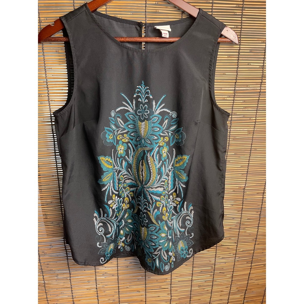 Merona Women Black Sleeveless‎ Embroidered Floral Medallion Blouse Top Size M